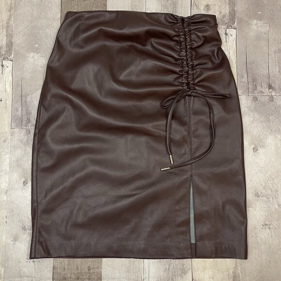 House of Harlow Faux Leather Pencil Skirt Ruched Side Slit XS Chocolate Brown - Picture 1 of 10